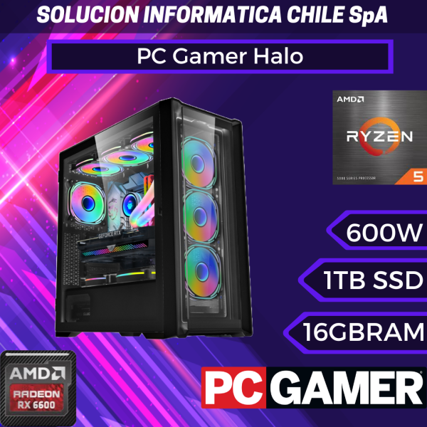 PC Gamer Halo: Ryzen 5600, SSD M.2 de 1TB, RAM 16GB, RX 6600, Wifi Online