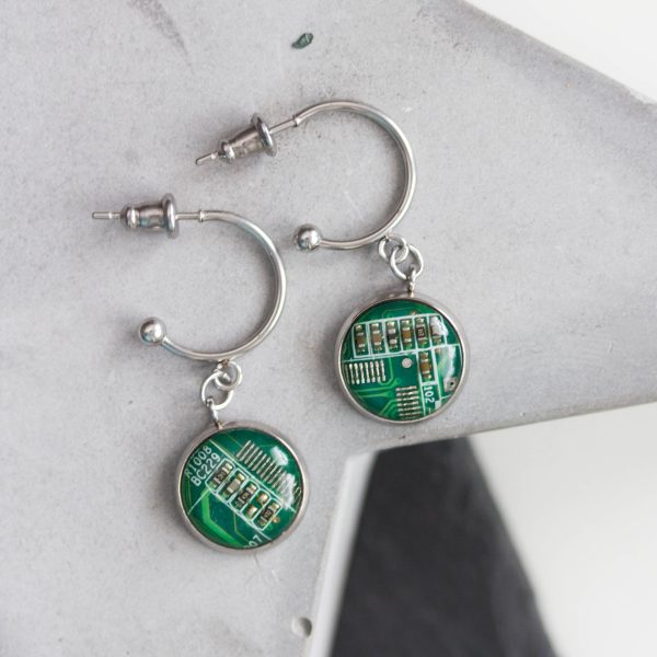 Stud earrings with 12mm round circuit board pendants, steel wires Sale