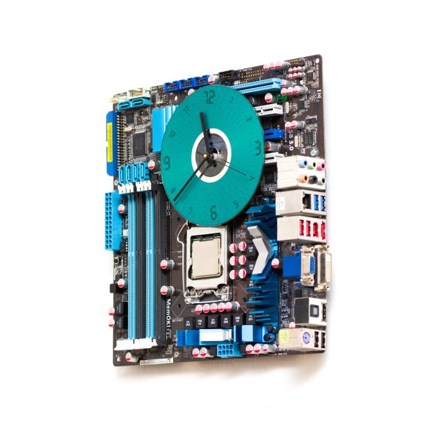 Geeky Wall Clock made of a black   dark brown circuit board with a blue clock face Online Sale