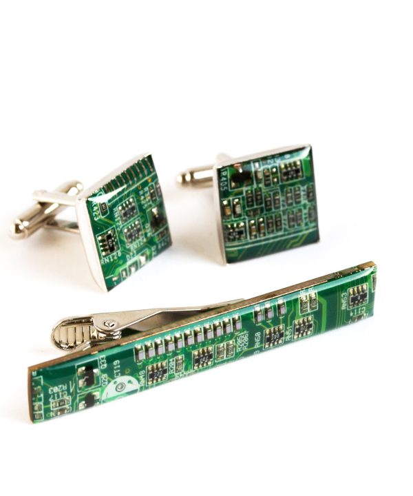 Cufflinks and tie clip set, square + long, palladium plated, resin Online