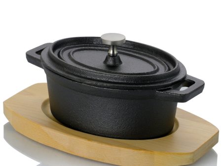 Gibson Home Campton 0.35 Quart Mini Oval Cast Iron Casserole Dutch Oven with Lid and Wooden Base For Discount