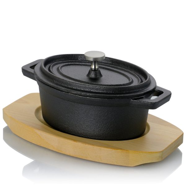 Gibson Home Campton 0.35 Quart Mini Oval Cast Iron Casserole Dutch Oven with Lid and Wooden Base For Discount