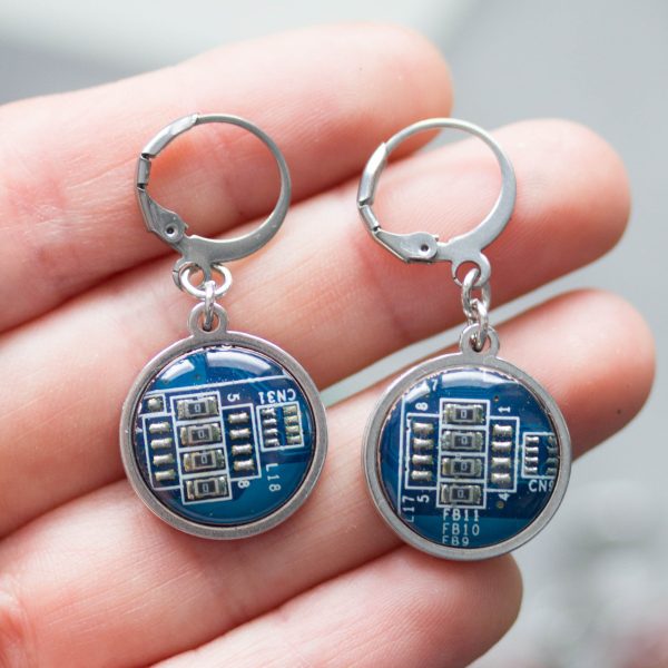 Dangle earrings with 15mm round circuit board pendants, steel wires on Sale