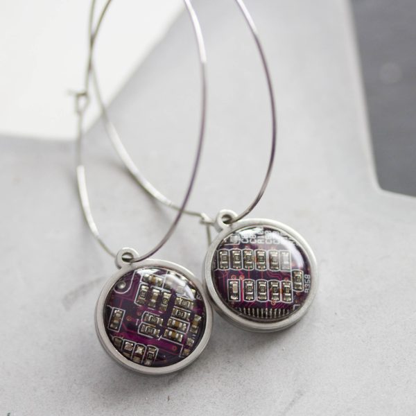 Hoop earrings with 15mm round circuit board pendants, stainless steel Online Hot Sale