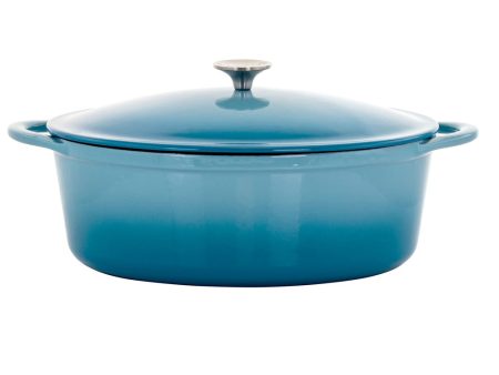 MegaChef 7 Quarts Oval Enameled Cast Iron Casserole in Blue Discount