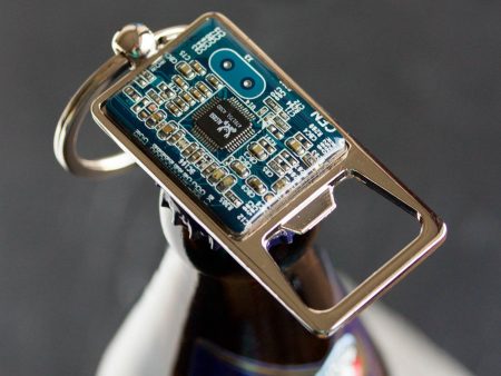 Bottle opener keychain with a circuit board piece Cheap