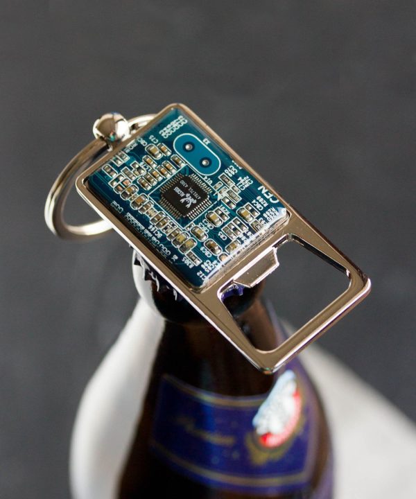 Bottle opener keychain with a circuit board piece Cheap