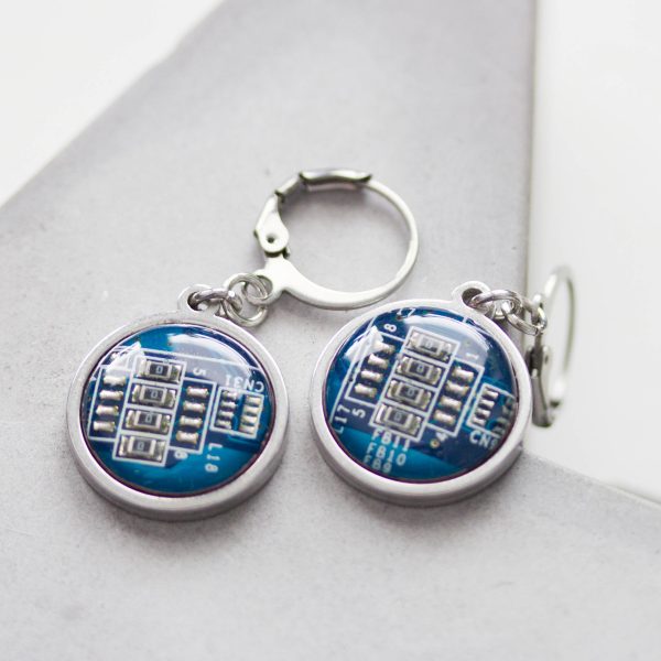 Dangle earrings with 15mm round circuit board pendants, steel wires on Sale