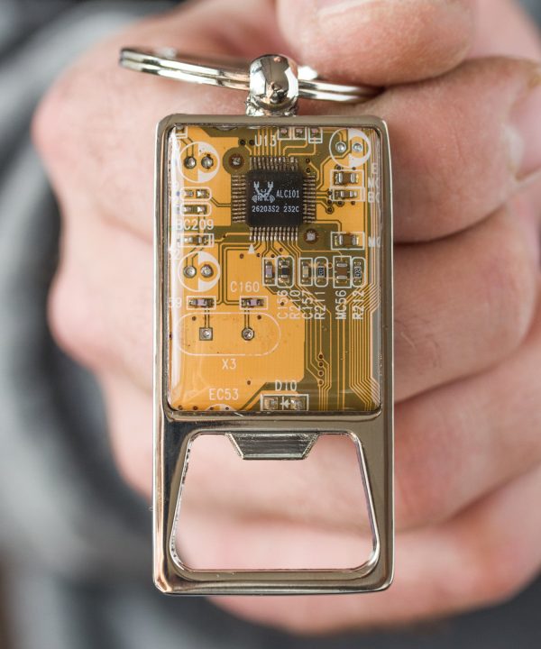 Bottle opener keychain with a circuit board piece Cheap