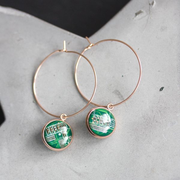 Hoop earrings with 12mm round circuit board pendants, rose gold colored wires Online Sale