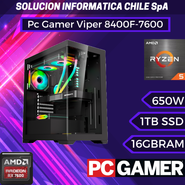 Pc Gamer Viper: Ryzen 5 8400F, SSD M.2 NVMe de 1TB, RAM 16GB, RX7600 8GB, Wifi Hot on Sale