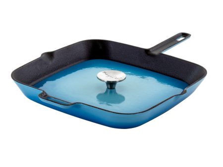 MegaChef 14 Inch Square Enamel Cast Iron Grill Pan with Matching Grill Press in Blue with Press Fashion