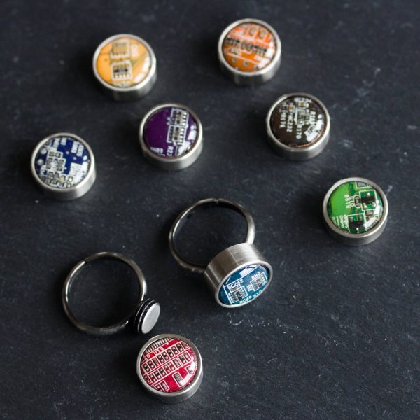 Ring with interchangeable buttons, recycled circuit board ring Fashion