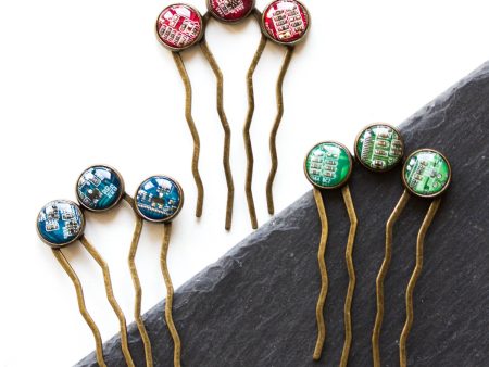 Colorful hair comb with three recycled circuit board pieces, unique hair accessory Sale