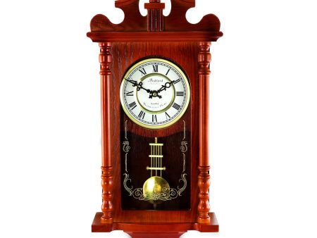 Bedford Collection 25 Inch Wall Clock with Pendulum and Chime in Dark Redwood Oak Finish Hot on Sale