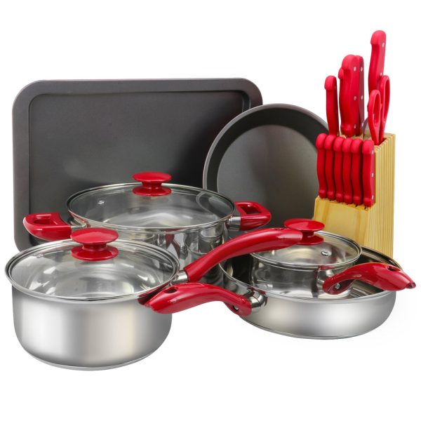 Sunbeam Crawford 22 Piece Cookware Combo Set in Red Online Sale