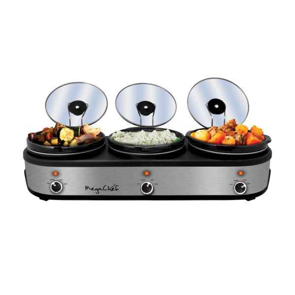 MegaChef Triple 2.5 Quart Slow Cooker and Buffet Server in Brushed Silver and Black Finish with 3 Ceramic Cooking Pots and Removable Lid Rests Hot on Sale