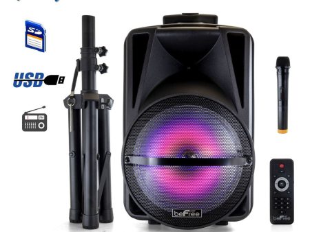 beFree Sound 12 Inch Bluetooth Rechargeable Portable PA Party Speaker with Reactive LED Lights and Stand on Sale