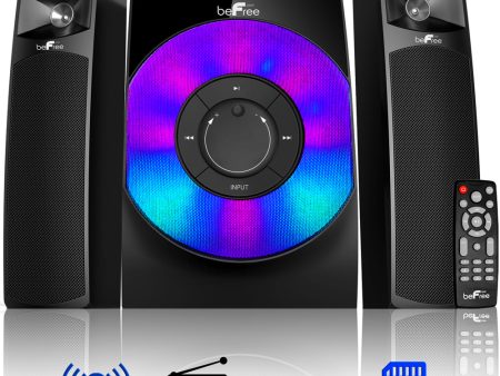 beFree Sound 2.1 Channel Bluetooth Multimedia Wired Speaker Shelf Stereo System with Reactive LED Lights, FM Radio, USB, and SD Inputs Online Sale