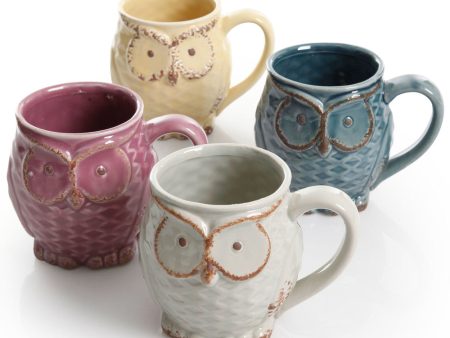 Gibson Nocturnal Gaze 4 Piece 18 Ounce Stoneware Owl Mug Set in Assorted Colors Supply