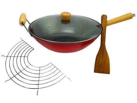 Gran Via Wok With Lid, Rack and Spatula in Red and Black Discount