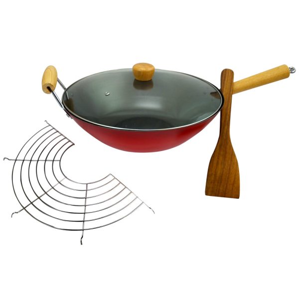 Gran Via Wok With Lid, Rack and Spatula in Red and Black Discount