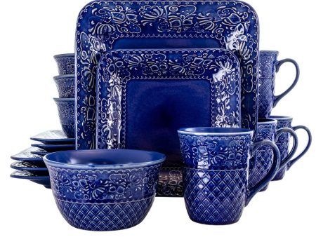 Elama Indigo Lotus 16 Piece Square Dinnerware Set For Sale