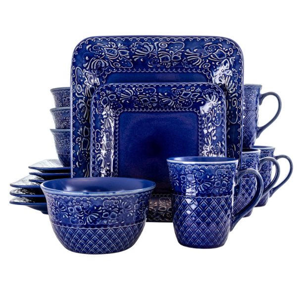 Elama Indigo Lotus 16 Piece Square Dinnerware Set For Sale