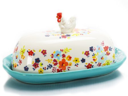 Urban Market Life on the Farm 8.75 Inch Ceramic Figural Rooster Butter Dish in Teal and Floral Cheap