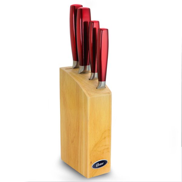 Gibson Calmore 5 Piece Cutlery Knife Set in Red with Rubberwood Block For Cheap