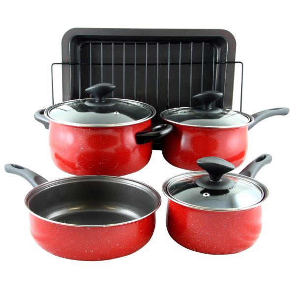 Sunbeam Kelfield 9 piece Nonstick Cookware Set in Red with Bakelite Handle Knob on Sale