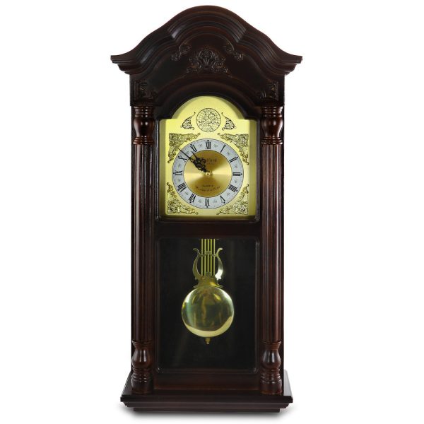 Bedford Clock Collection 25.5 Inch Antique Mahogany Cherry Oak Chiming Wall Clock with Roman Numerals For Cheap