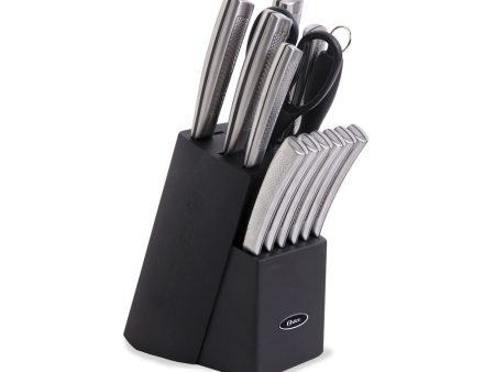 Oster Wellisford 14 Piece Stainless Steel Cutlery Set with Black Rubber Wood Block For Sale