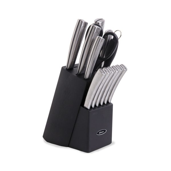 Oster Wellisford 14 Piece Stainless Steel Cutlery Set with Black Rubber Wood Block For Sale